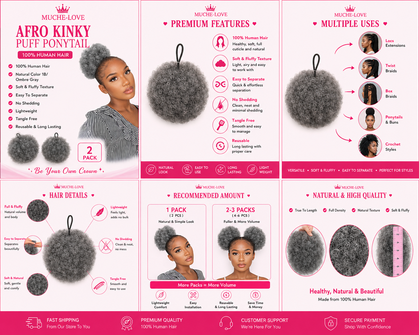 Muche-love afro kinky puff ponytail - 100% human hair | color 1B/ombre Gray | 2 pack
