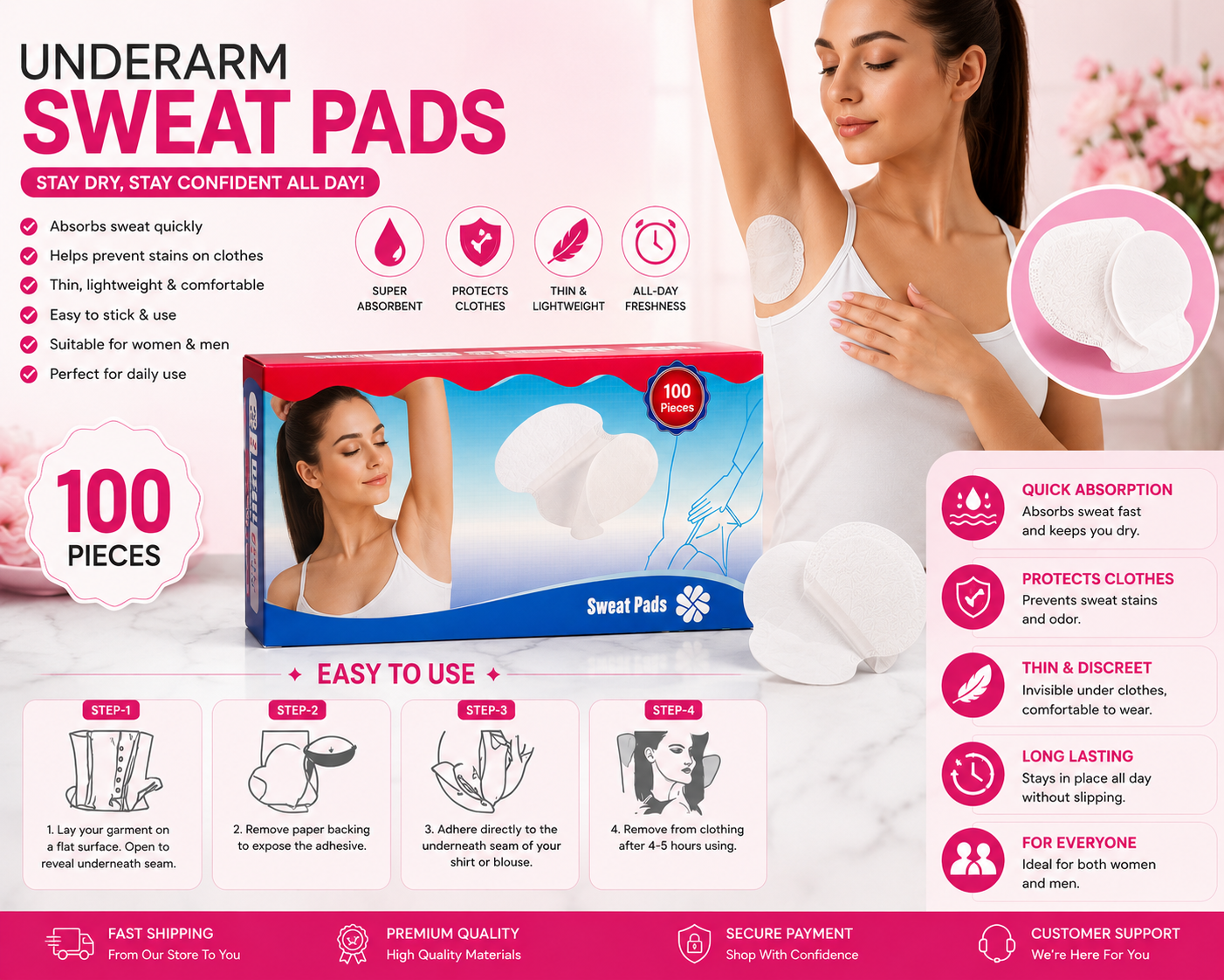 Muche-love Underarm Sweat Pads | 100 Pieces | Disposable Sweat Absorbing Pads | Unisex