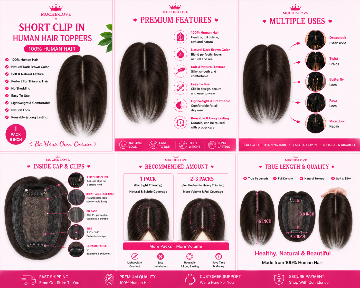 Muche-love Short Clip-In Human Hair Topper | 6 Inch | Natural Dark Brown | 100% Human Hair
