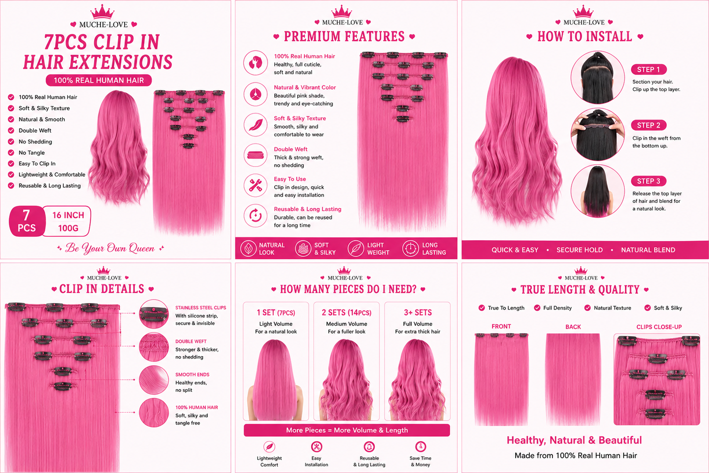 Muche-love 7PCS Clip-In Human Hair Extensions | 16 Inch | 100g | Pink | 100% Real Human Hair