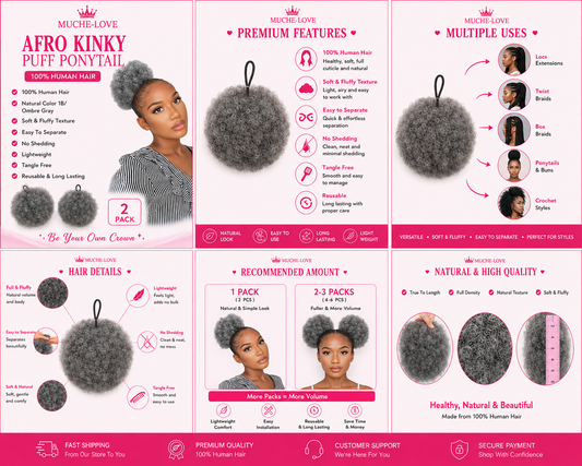 Muche-love afro kinky puff ponytail - 100% human hair | color 1B/ombre Gray | 2 pack