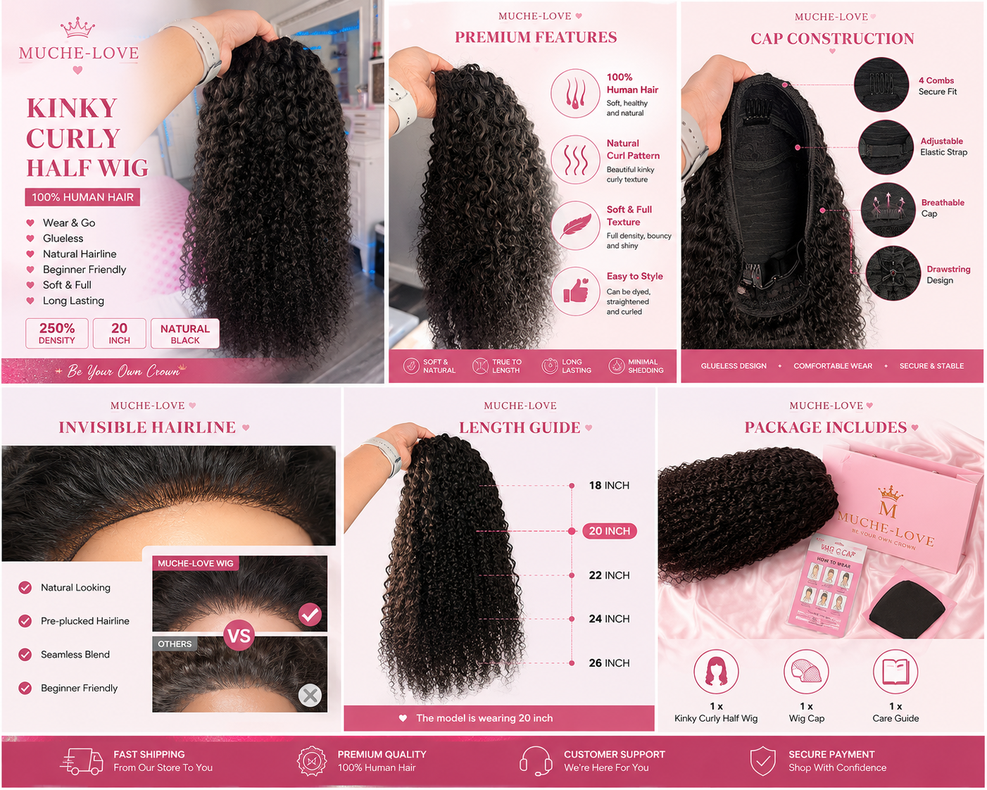 Muche-love kinky curly half wig-100%human hair(20inch)