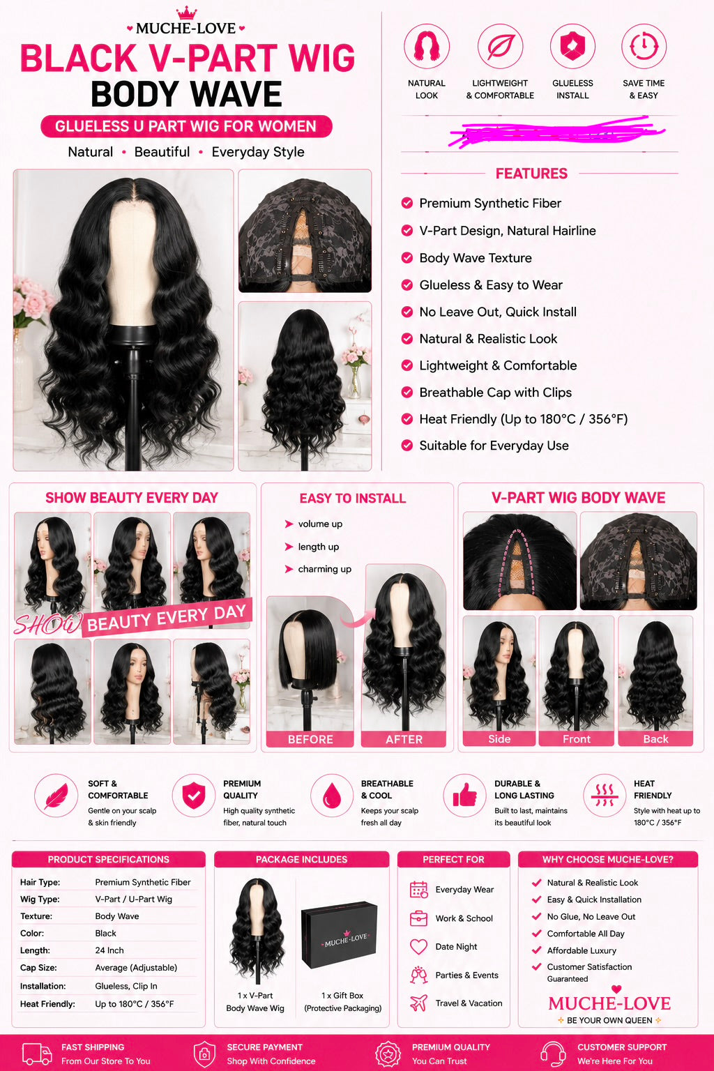 Black V-Part Body Wave Wig – Glueless U Part Wig for Women (24 Inch)