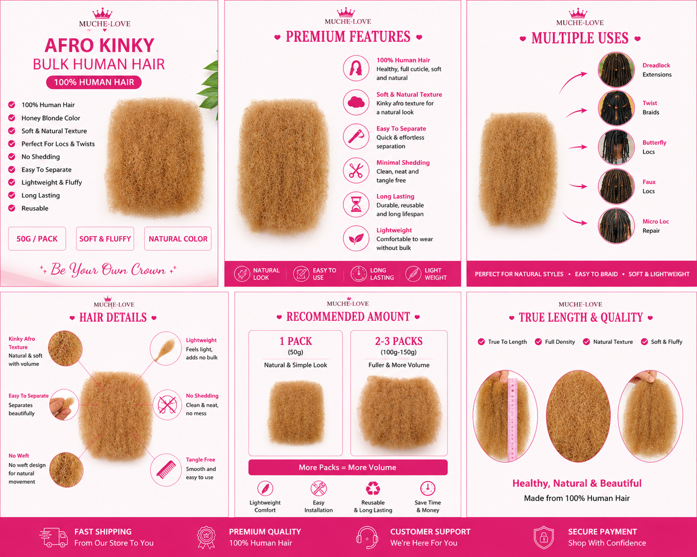 Muche-love Afro Kinky Bulk Human Hair | 50g | Honey Blonde | 100% Human Hair