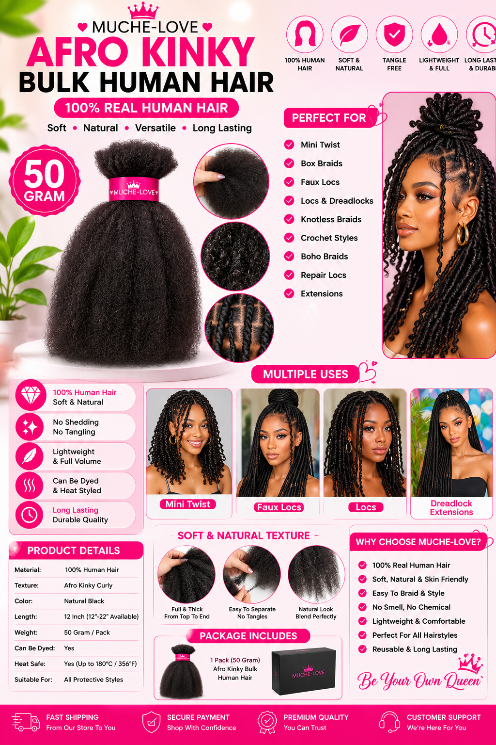 Afro Kinky Bulk Human Hair – 100% Real Human Hair for Locs, Braids & Twists (50g)