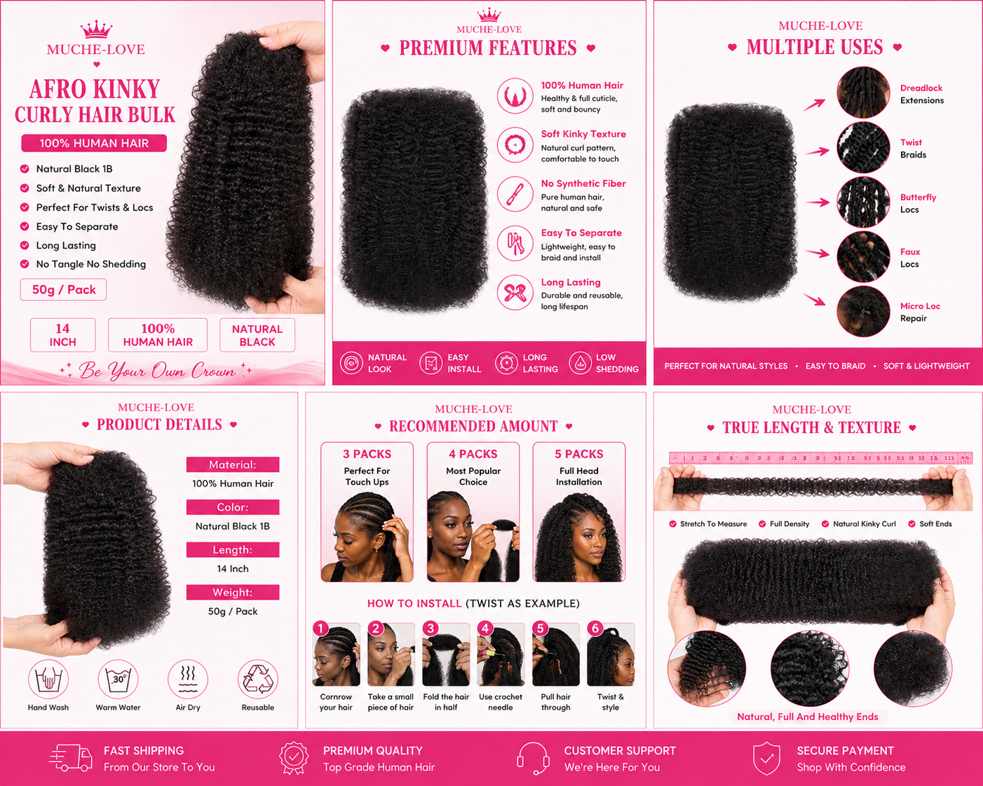 Muche-love afro kinky curly hair bulk - 14 inch human hair