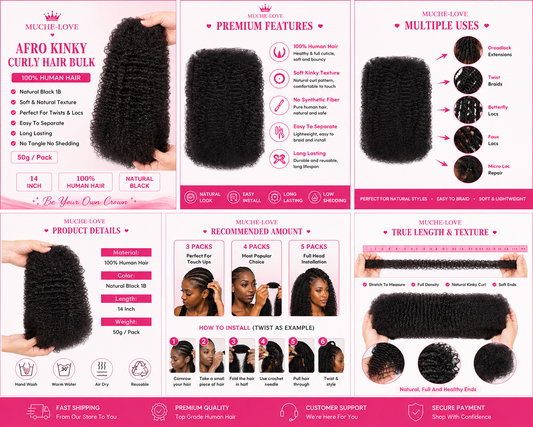 Muche-love afro kinky curly hair bulk - 14 inch human hair