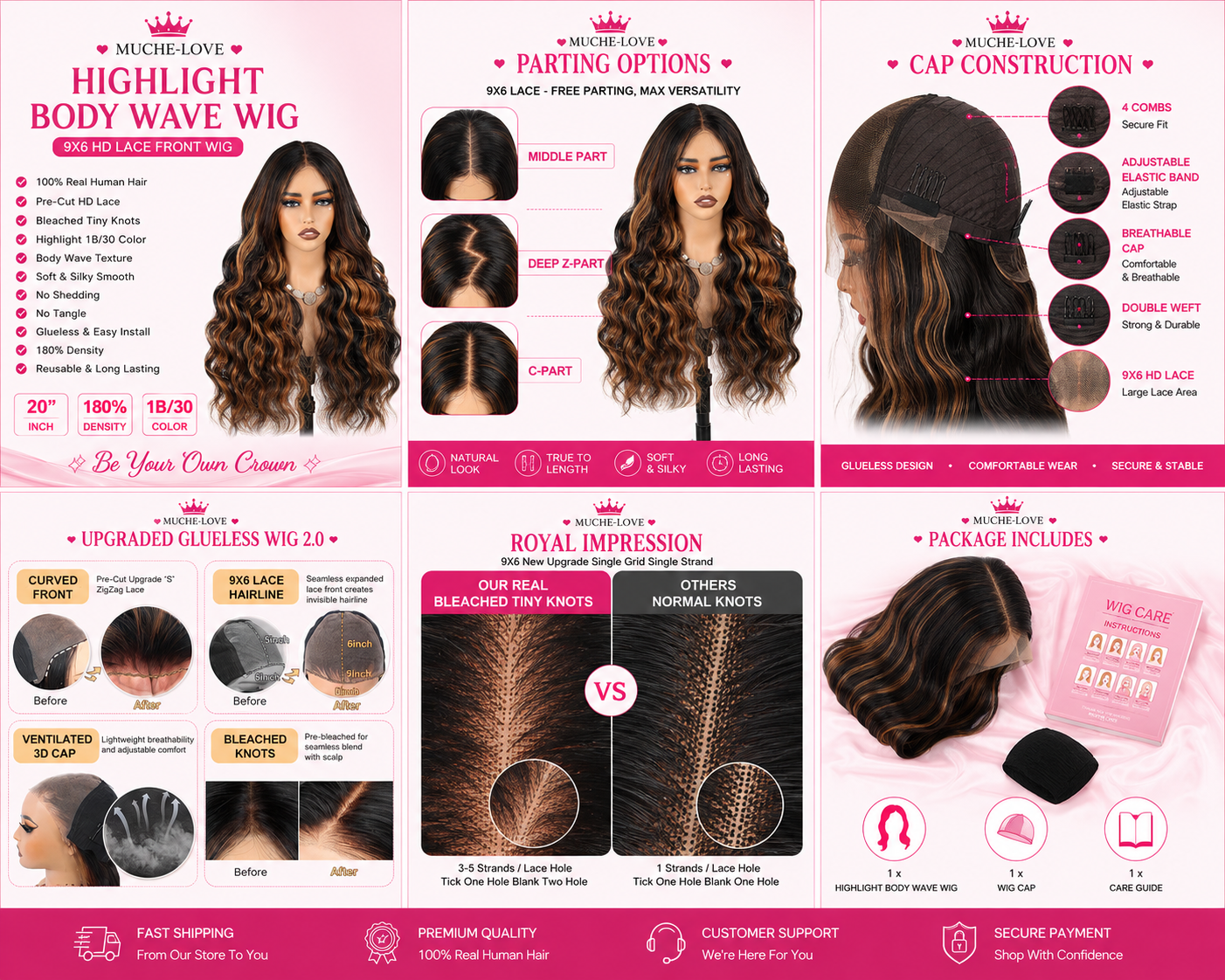 Muche-love Highlight Body Wave Wig | 9x6 HD Lace Front | 20 Inch | 180% Density | 100% Real Human Hair
