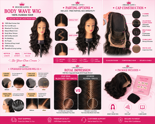 Muche-love Body Wave Wig | 9x6 HD Lace Front | 180% Density | 100% Human Hair | Natural Black