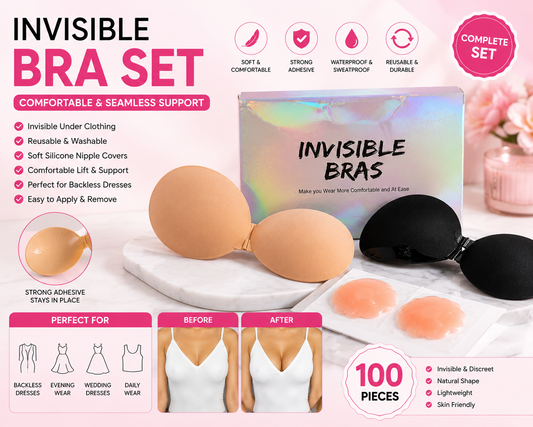 Muche-love Invisible Bra Set | Reusable Sticky Silicone Bra & Nipple Covers | Backless Bra
