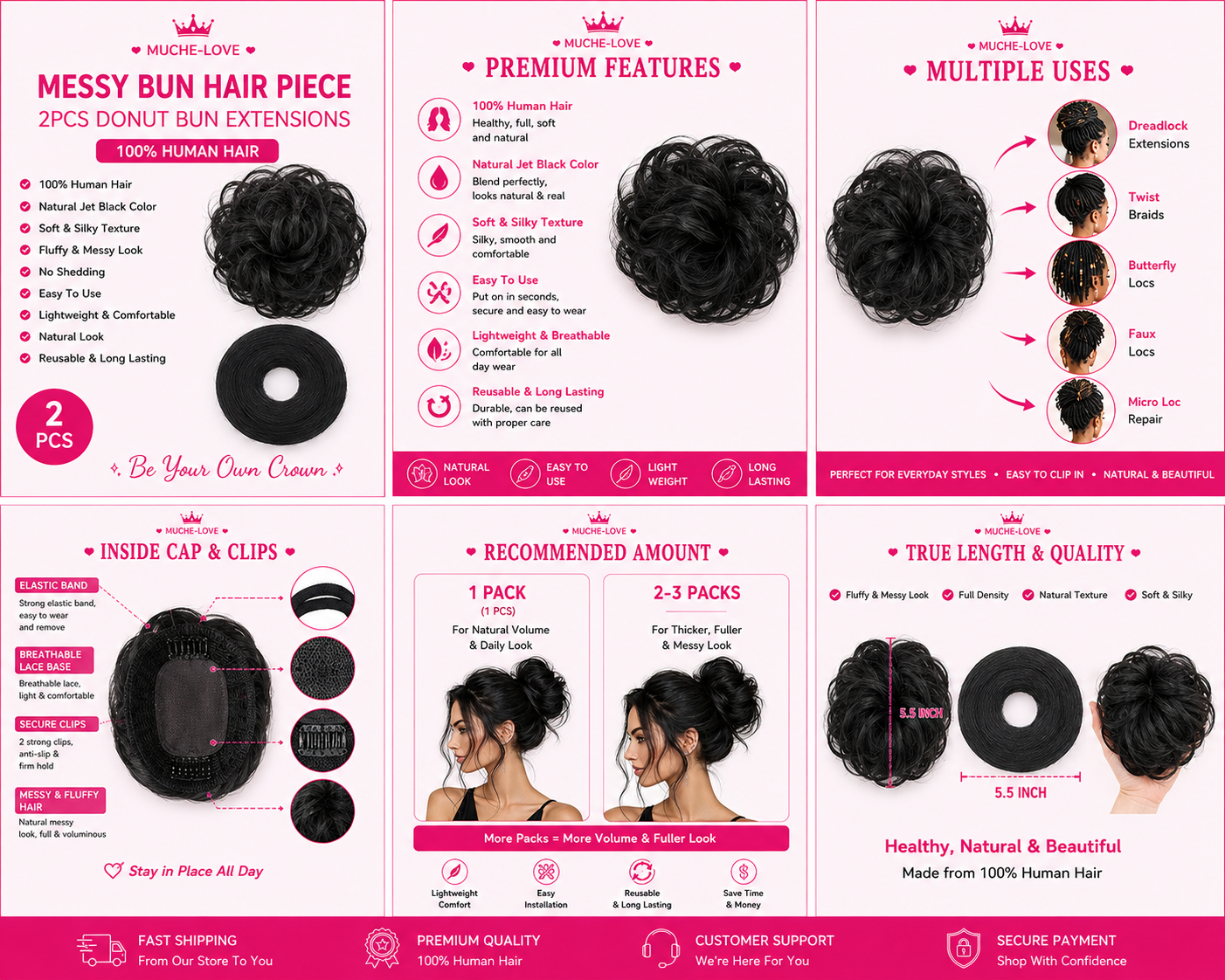 Muche-love Messy Bun Hair Piece | 2PCS Donut Bun Extensions | 100% Human Hair | Jet Blackk