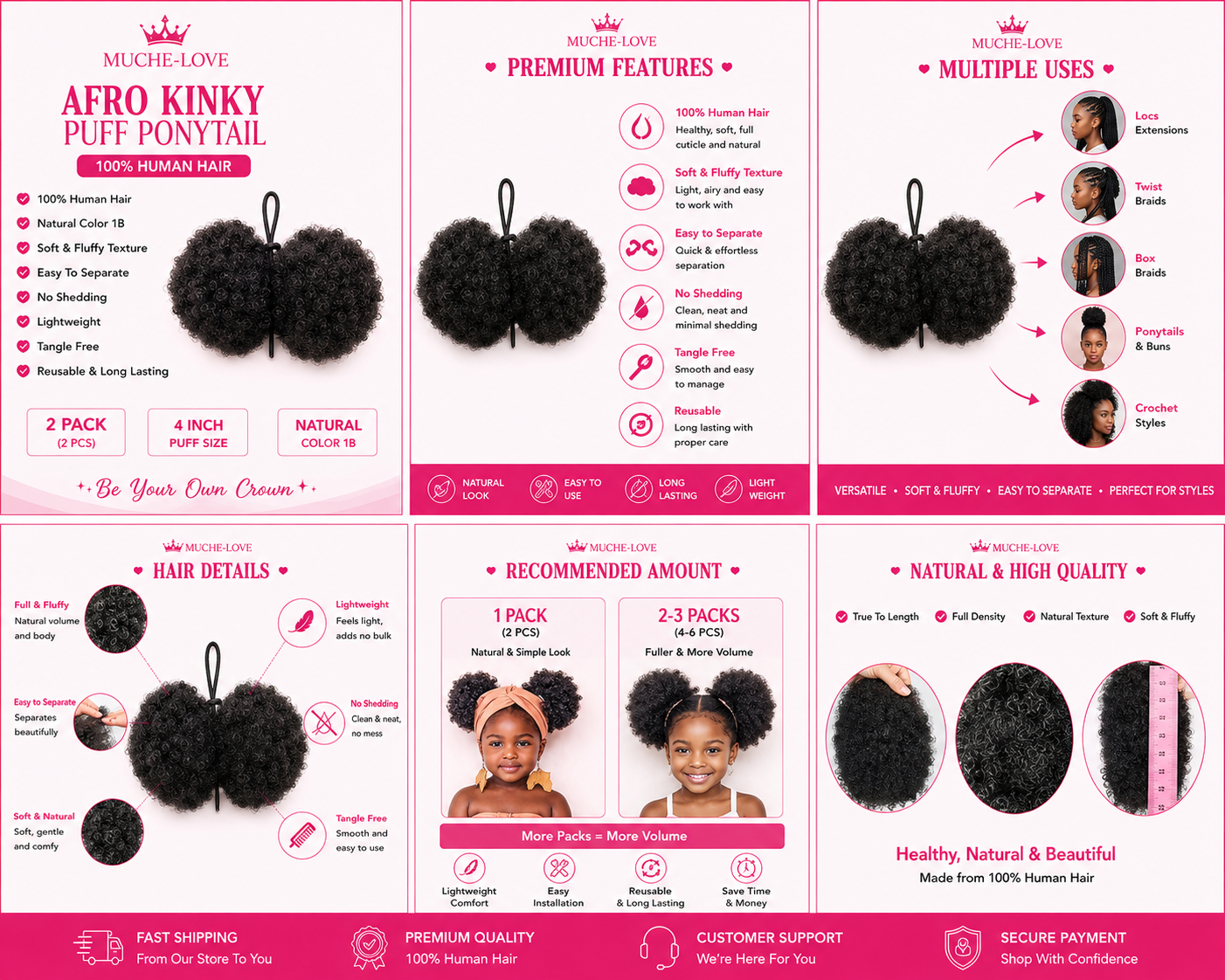 Muche-love afro kinky puff ponytail |100%human hair | natural color 1B(2 pack)
