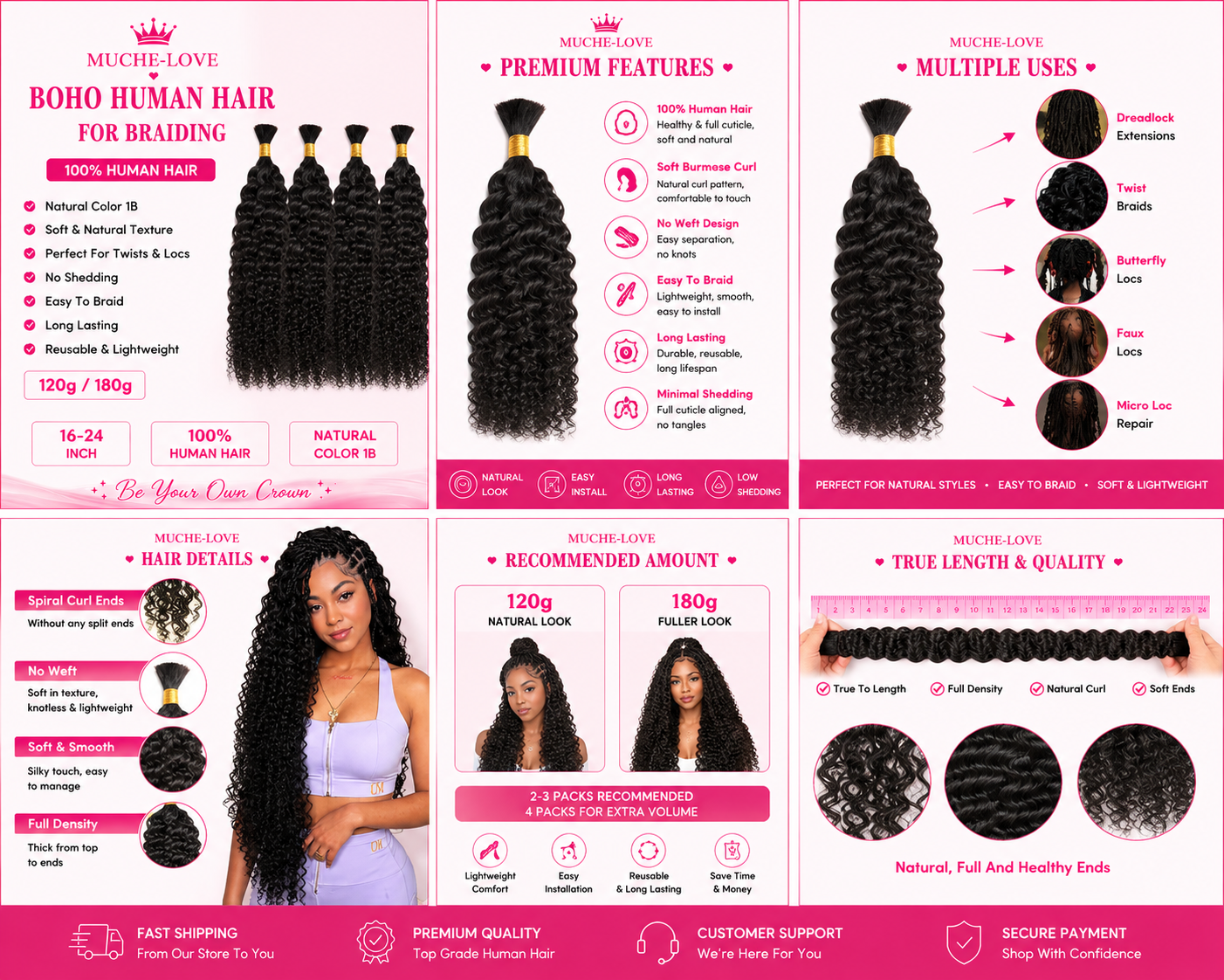 Muche-love Bono human hair for braiding-natural color 1B