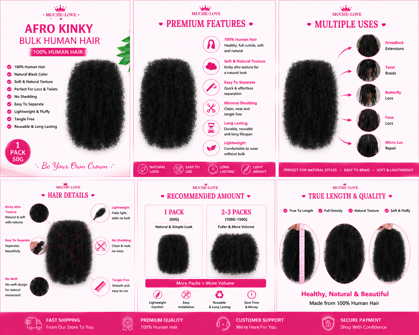 Muche-love Afro Kinky Bulk Human Hair | 50g | Natural Black | 100% Human Hair